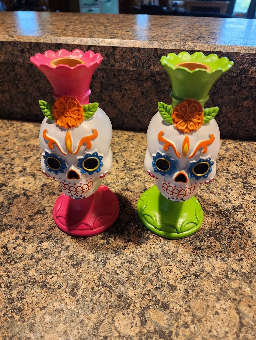 Day of the Dead Sugar Skull Candle Holders - Pink and Green